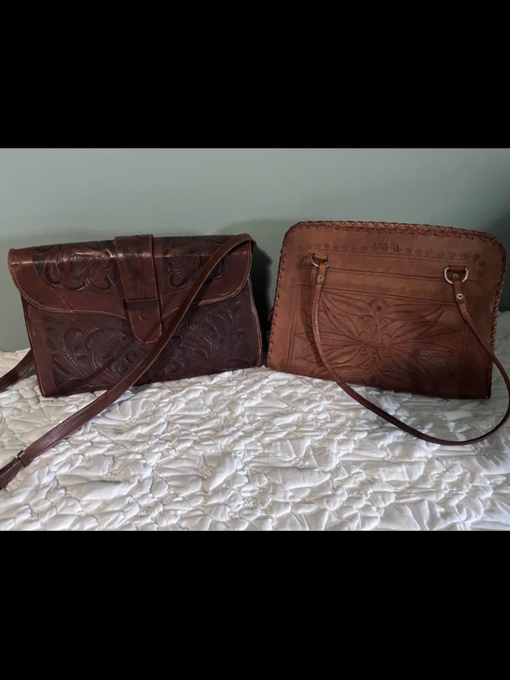 Bundle of 2 Hand-Tooled Leather Shoulder Bags - Western Style